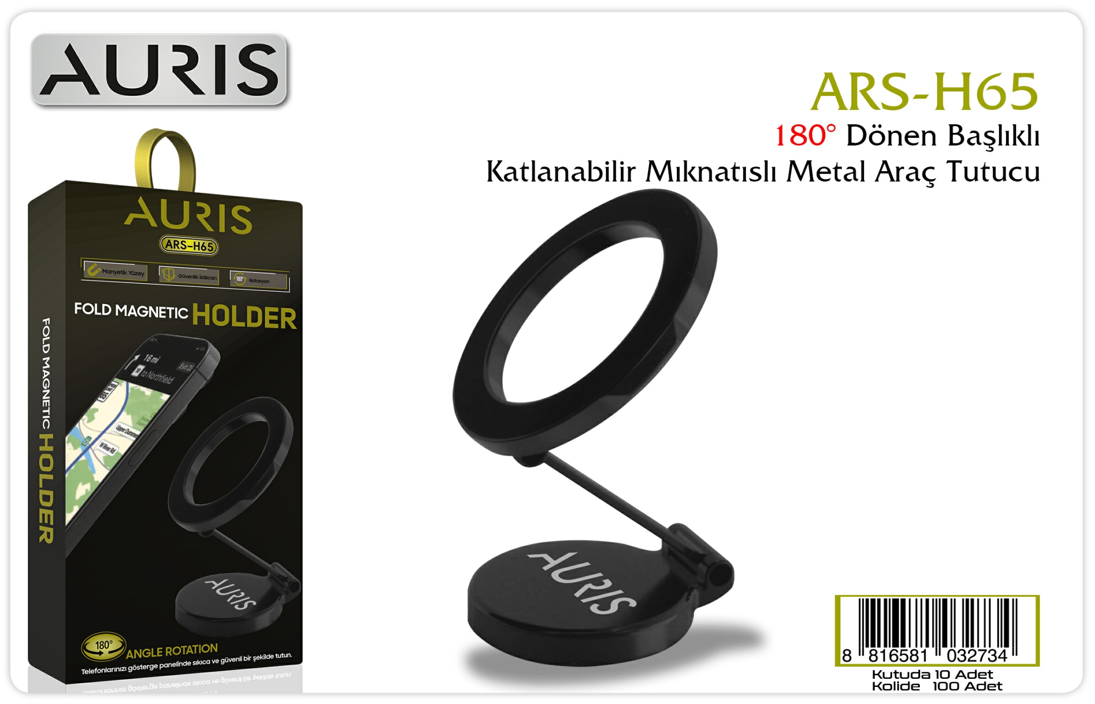 Auris H65 Metal Araç İçi Telefon Tutucu – 180° Dönen Başlık ve Katlanabilir Mıknatıslı Tasarım
